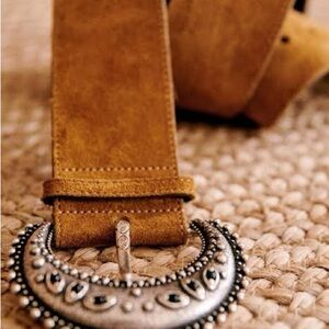 Sezane Tan Suede Belt with Ornate Silver Buckle (Louve belt)